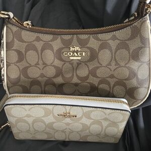 Coach Tan and Brown Signature Shoulder Bag (Wallet Included)